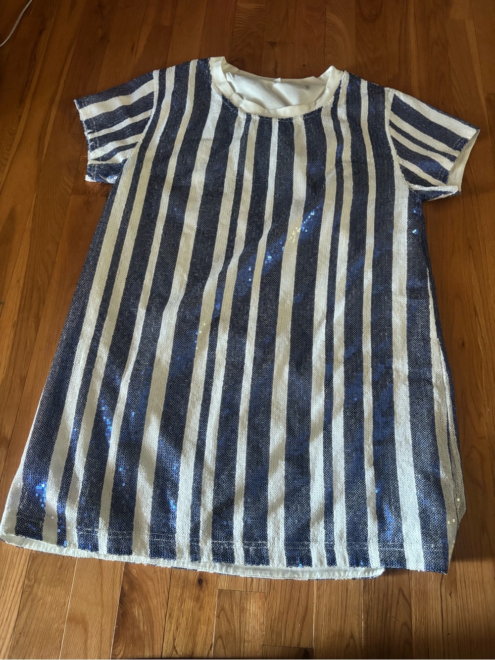 Short Sleeve Sequin Stripe Tee Dress - blue & White